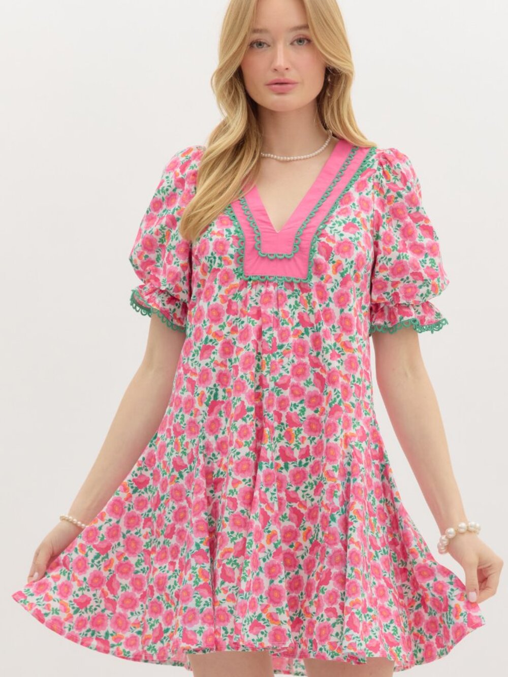 Floral pattern mini dress with ric rac on sleeve and neckline